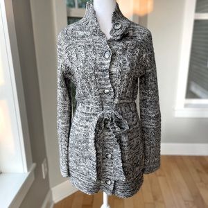 The Limited Black and White Mock Neck Button Up Belted Cardigan Sweater Sz Small